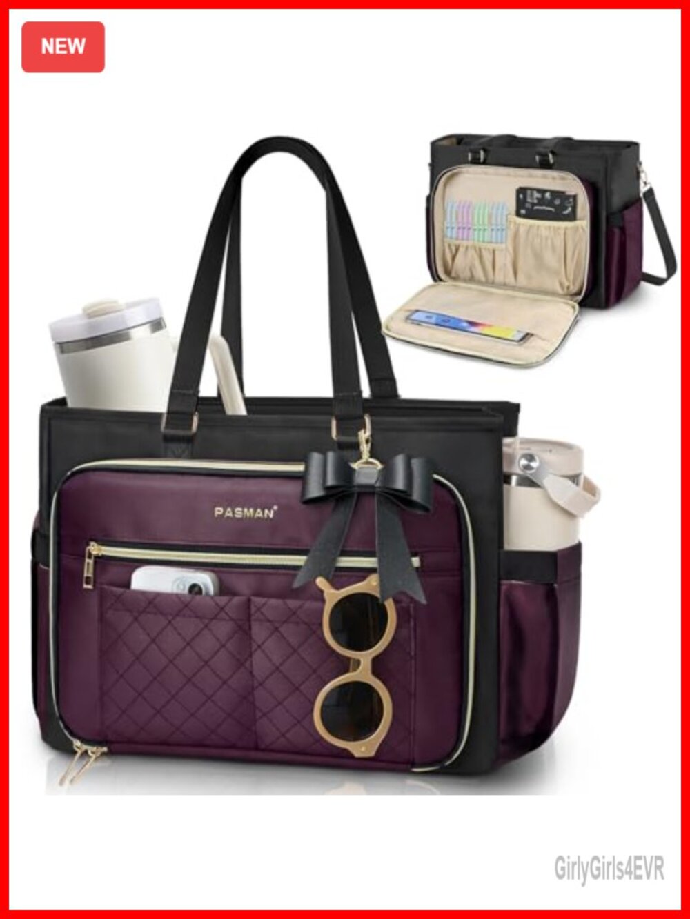 Structured Laptop Tote Bag for Women with Cup Holder, Water-Resistant, Fits